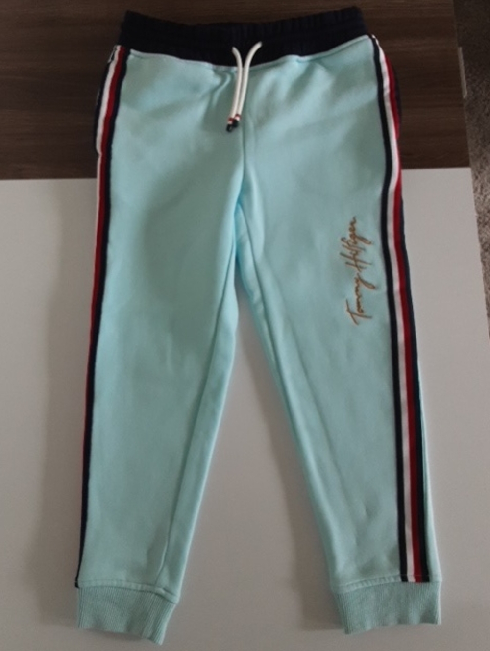 Tommy Hilfiger Kids Mint Blue Joggers with Red White Navy Side Stripes
